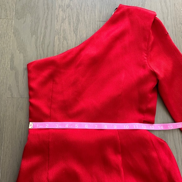 ML Monique Lhuillier One Shoulder Satin Gown Red Maxi Dress Long Sleeve - Size 2 - Picture 9 of 13